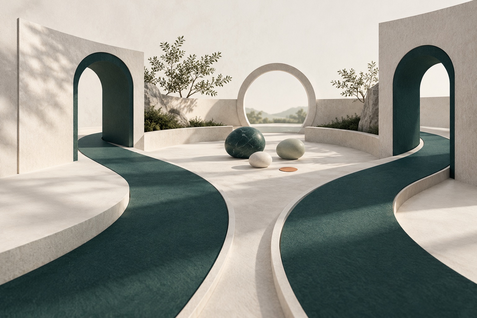 Sculptural teal pathways through a peaceful mineral-toned courtyard